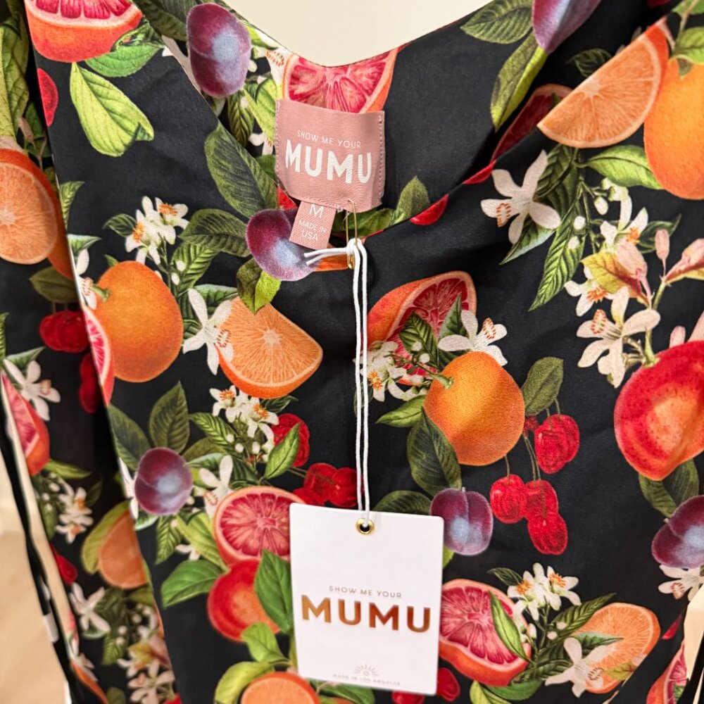 Show Me Your MuMu Uptown Tie Mini Dress in a black fruit and polka dot print - Picture 5 of 8